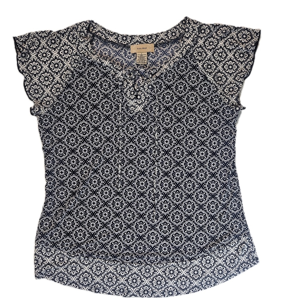 Diana Belle Blouse Womens Large Blue Geometric Pattern Print Casual Workwear Top